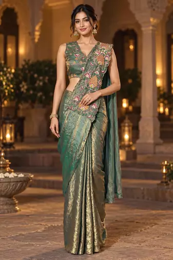 rama floral embroidered patch nc satin ready to wear party wear saree with stitched blouse