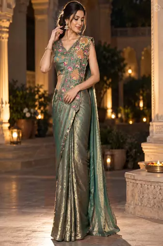 rama floral embroidered patch nc satin ready to wear party wear saree with stitched blouse
