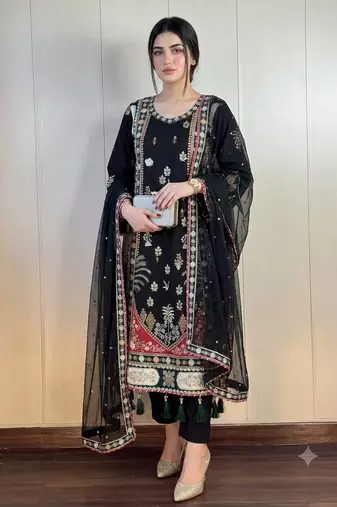 Designer sequence embroidered kaftaan with pant and dupatta