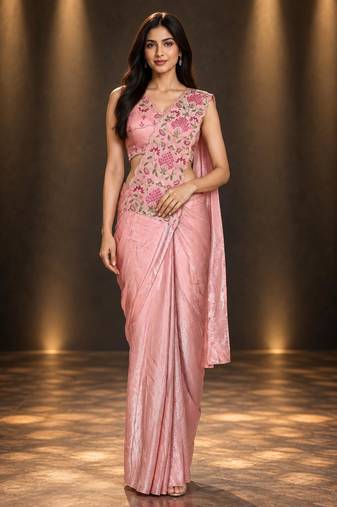 dusty pink floral embroidered patch nc satin ready to wear party wear saree with stitched blouse