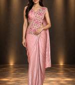 dusty pink floral embroidered patch nc satin ready to wear party wear saree with stitched blouse