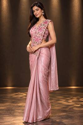 dusty pink floral embroidered patch nc satin ready to wear party wear saree with stitched blouse 2