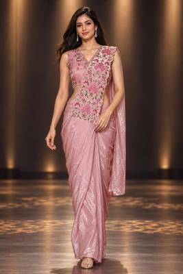 dusty pink floral embroidered patch nc satin ready to wear party wear saree with stitched blouse 3