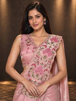 dusty pink floral embroidered patch nc satin ready to wear party wear saree with stitched blouse 4