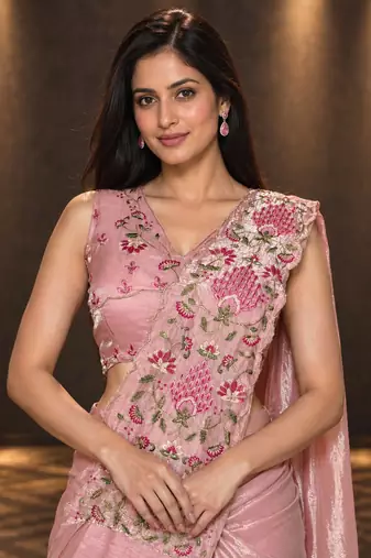 dusty pink floral embroidered patch nc satin ready to wear party wear saree with stitched blouse