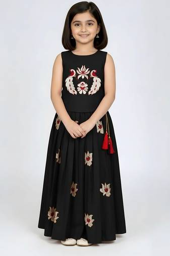 Black south indian embrodairy pattu pavadai silk blend readymade lehenga choli dress for kids