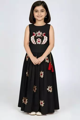 Black south indian embrodairy pattu pavadai silk blend readymade lehenga choli dress for kids