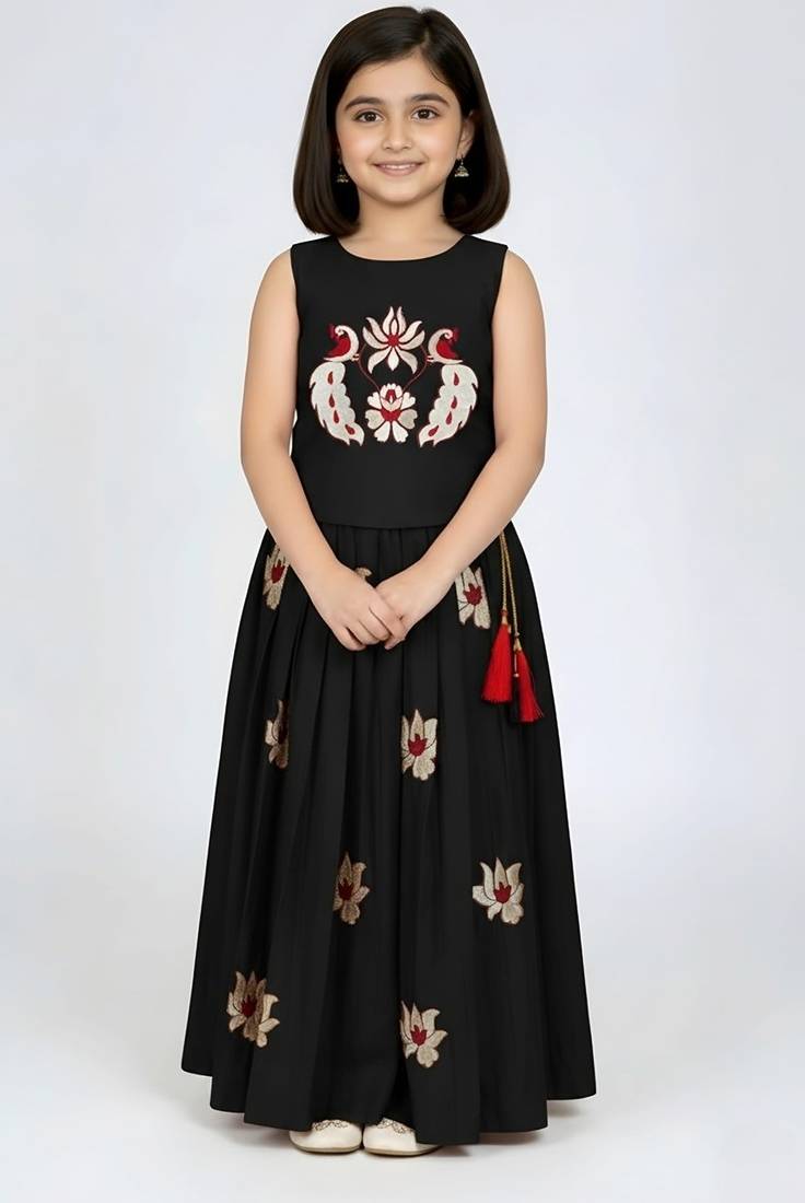 Black south indian embrodairy pattu pavadai silk blend readymade lehenga choli dress for kids