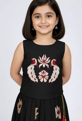 Black south indian embrodairy pattu pavadai silk blend readymade lehenga choli dress for kids 2