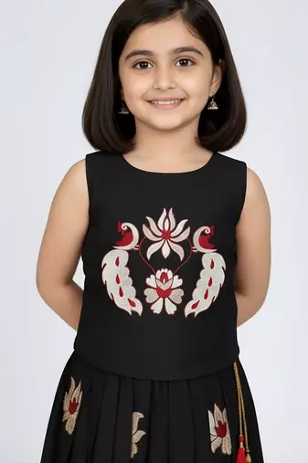 Black south indian embrodairy pattu pavadai silk blend readymade lehenga choli dress for kids