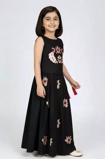 Black south indian embrodairy pattu pavadai silk blend readymade lehenga choli dress for kids