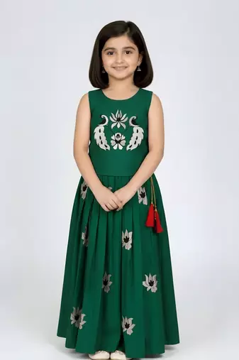 Green south indian embrodairy pattu pavadai silk blend readymade lehenga choli dress for kids