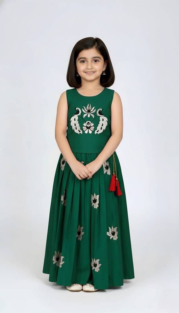 Green south indian embrodairy pattu pavadai silk blend readymade lehenga choli dress for kids