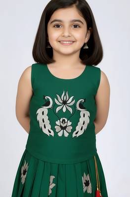 Green south indian embrodairy pattu pavadai silk blend readymade lehenga choli dress for kids 2