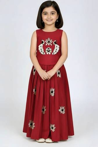Maroon south indian embrodairy pattu pavadai silk blend readymade lehenga choli dress for kids