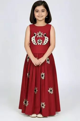 Maroon south indian embrodairy pattu pavadai silk blend readymade lehenga choli dress for kids