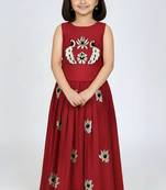 Maroon south indian embrodairy pattu pavadai silk blend readymade lehenga choli dress for kids