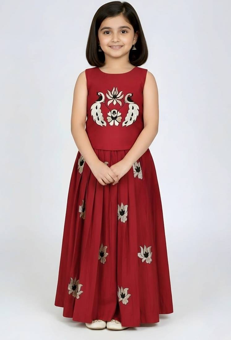 Maroon south indian embrodairy pattu pavadai silk blend readymade lehenga choli dress for kids