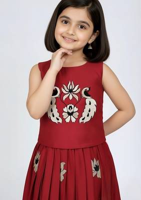 Maroon south indian embrodairy pattu pavadai silk blend readymade lehenga choli dress for kids 2