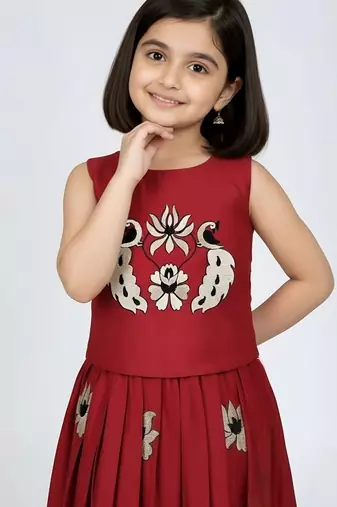Maroon south indian embrodairy pattu pavadai silk blend readymade lehenga choli dress for kids