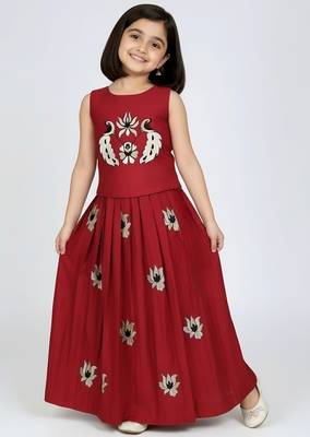 Maroon south indian embrodairy pattu pavadai silk blend readymade lehenga choli dress for kids 3
