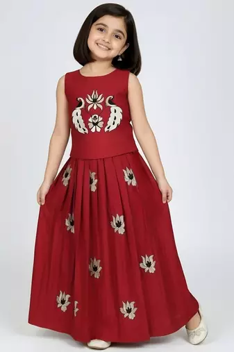 Maroon south indian embrodairy pattu pavadai silk blend readymade lehenga choli dress for kids