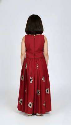 Maroon south indian embrodairy pattu pavadai silk blend readymade lehenga choli dress for kids 4