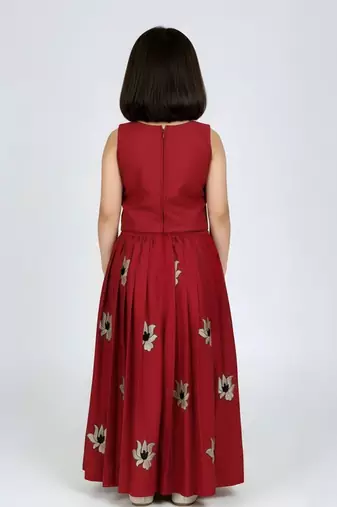 Maroon south indian embrodairy pattu pavadai silk blend readymade lehenga choli dress for kids