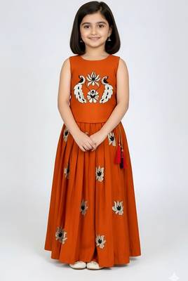 Orange south indian embrodairy pattu pavadai silk blend readymade lehenga choli dress for kids 1