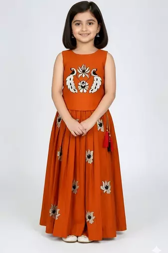 Orange south indian embrodairy pattu pavadai silk blend readymade lehenga choli dress for kids