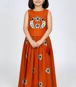 Orange south indian embrodairy pattu pavadai silk blend readymade lehenga choli dress for kids