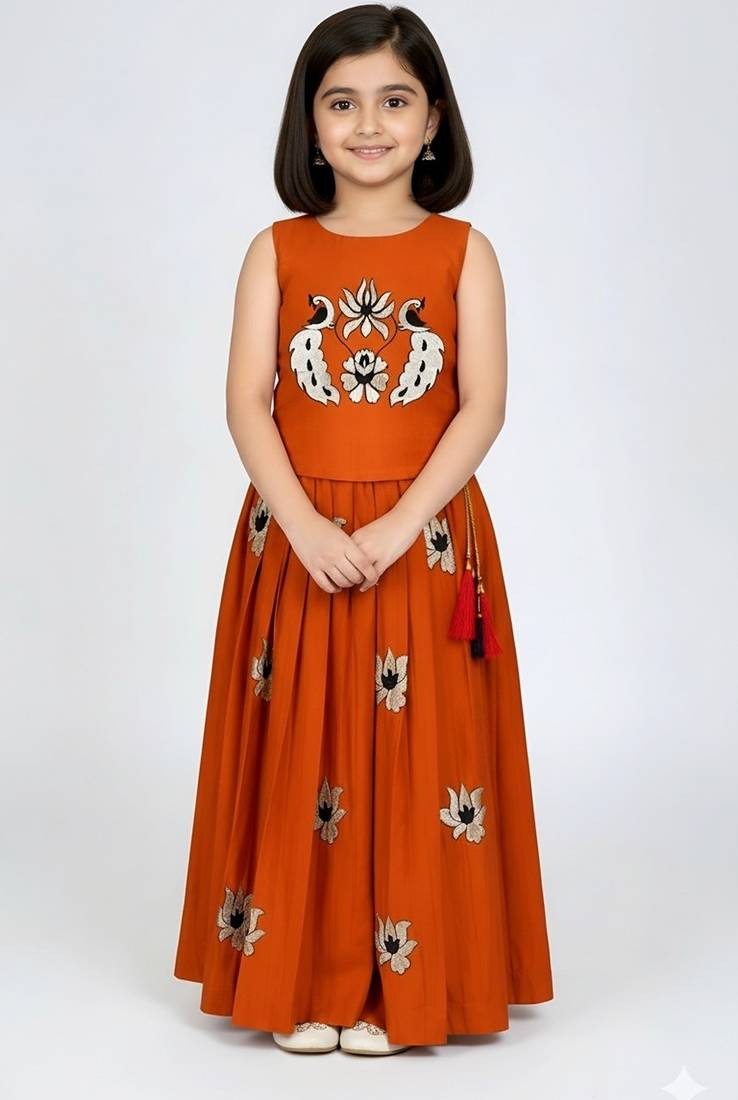 Orange south indian embrodairy pattu pavadai silk blend readymade lehenga choli dress for kids