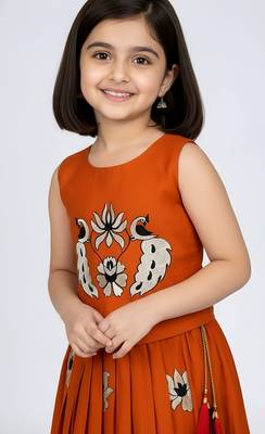 Orange south indian embrodairy pattu pavadai silk blend readymade lehenga choli dress for kids 2