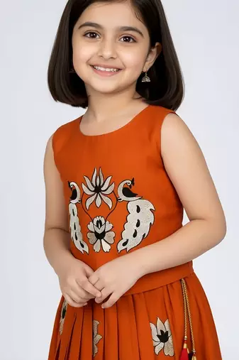 Orange south indian embrodairy pattu pavadai silk blend readymade lehenga choli dress for kids