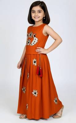 Orange south indian embrodairy pattu pavadai silk blend readymade lehenga choli dress for kids 3