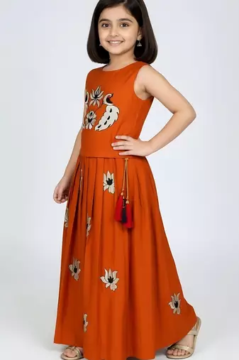 Orange south indian embrodairy pattu pavadai silk blend readymade lehenga choli dress for kids