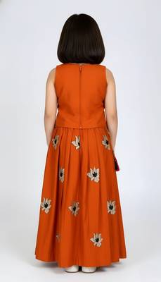 Orange south indian embrodairy pattu pavadai silk blend readymade lehenga choli dress for kids 4