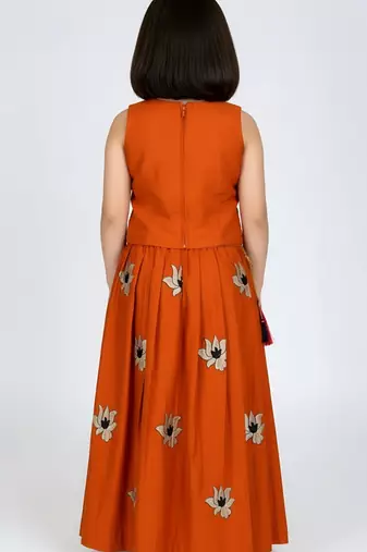 Orange south indian embrodairy pattu pavadai silk blend readymade lehenga choli dress for kids