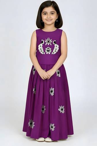 Purple south indian embrodairy pattu pavadai silk blend readymade lehenga choli dress for kids