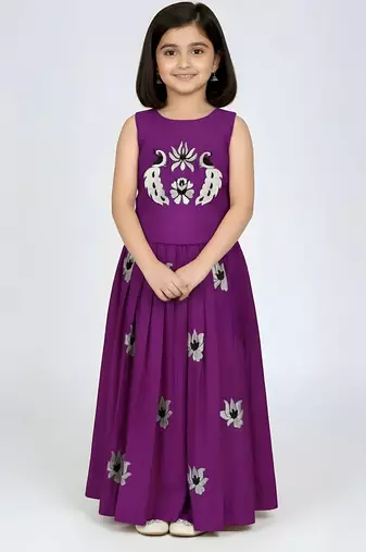 Purple south indian embrodairy pattu pavadai silk blend readymade lehenga choli dress for kids