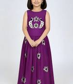 Purple south indian embrodairy pattu pavadai silk blend readymade lehenga choli dress for kids