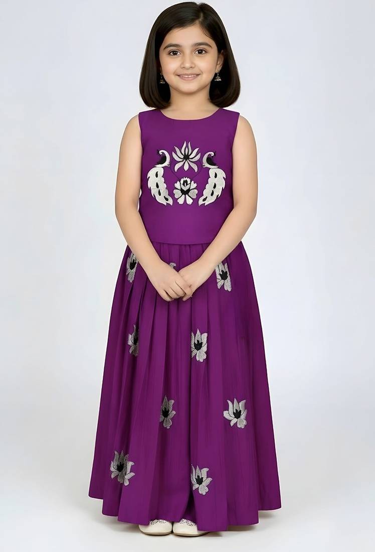 Purple south indian embrodairy pattu pavadai silk blend readymade lehenga choli dress for kids