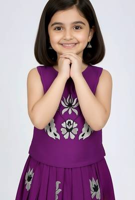 Purple south indian embrodairy pattu pavadai silk blend readymade lehenga choli dress for kids 2