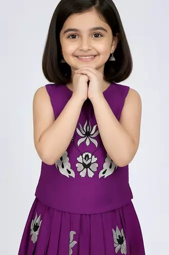 Purple south indian embrodairy pattu pavadai silk blend readymade lehenga choli dress for kids