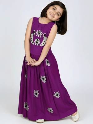 Purple south indian embrodairy pattu pavadai silk blend readymade lehenga choli dress for kids 3