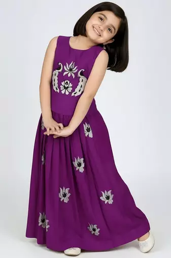 Purple south indian embrodairy pattu pavadai silk blend readymade lehenga choli dress for kids