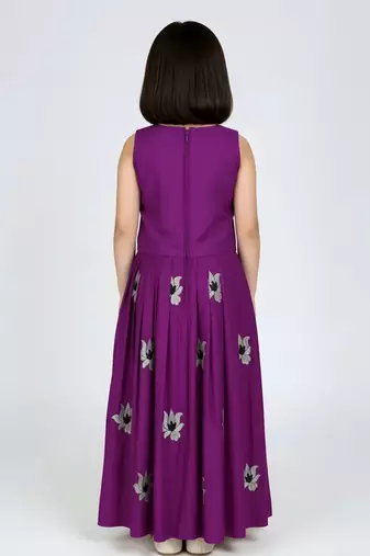 Purple south indian embrodairy pattu pavadai silk blend readymade lehenga choli dress for kids