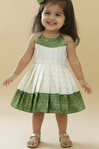 Green south indian readymade traditional pattu pavadai jacquard frock dress for baby girls