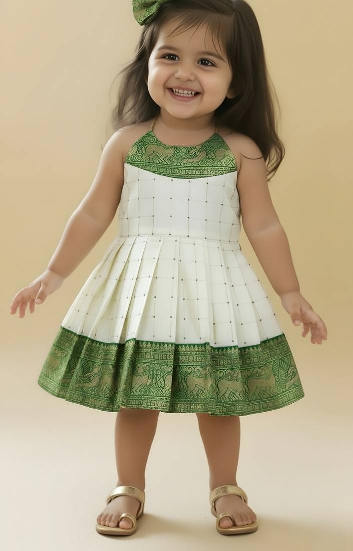 Green south indian readymade traditional pattu pavadai jacquard frock dress for baby girls