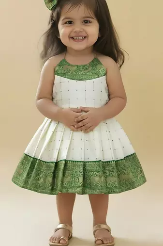 Green south indian readymade traditional pattu pavadai jacquard frock dress for baby girls